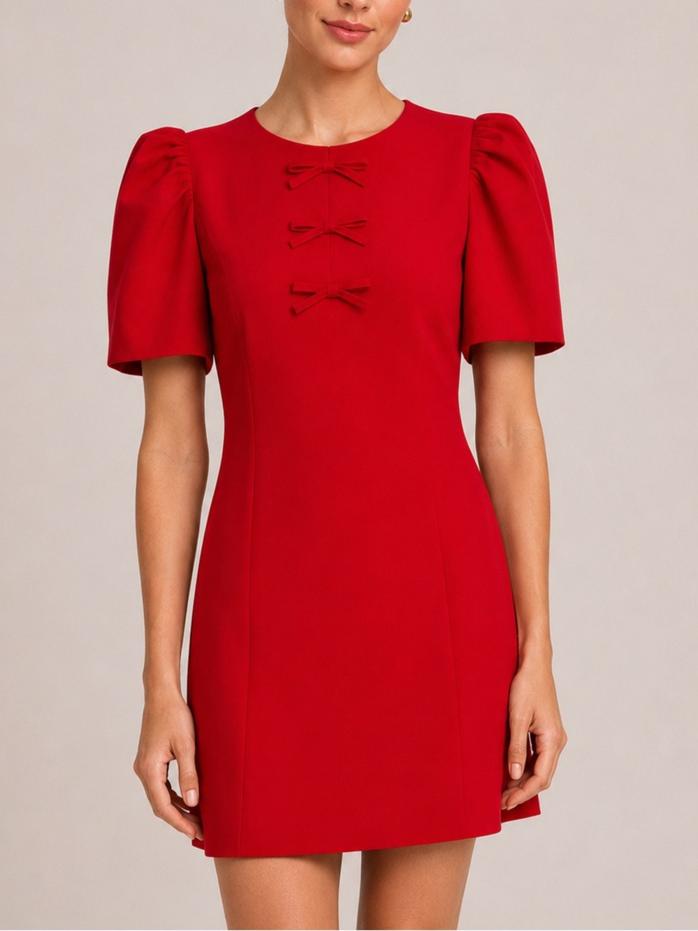 Abbey Glass Marty Red Puff Sleeve Bow Mini Shift Dress Small